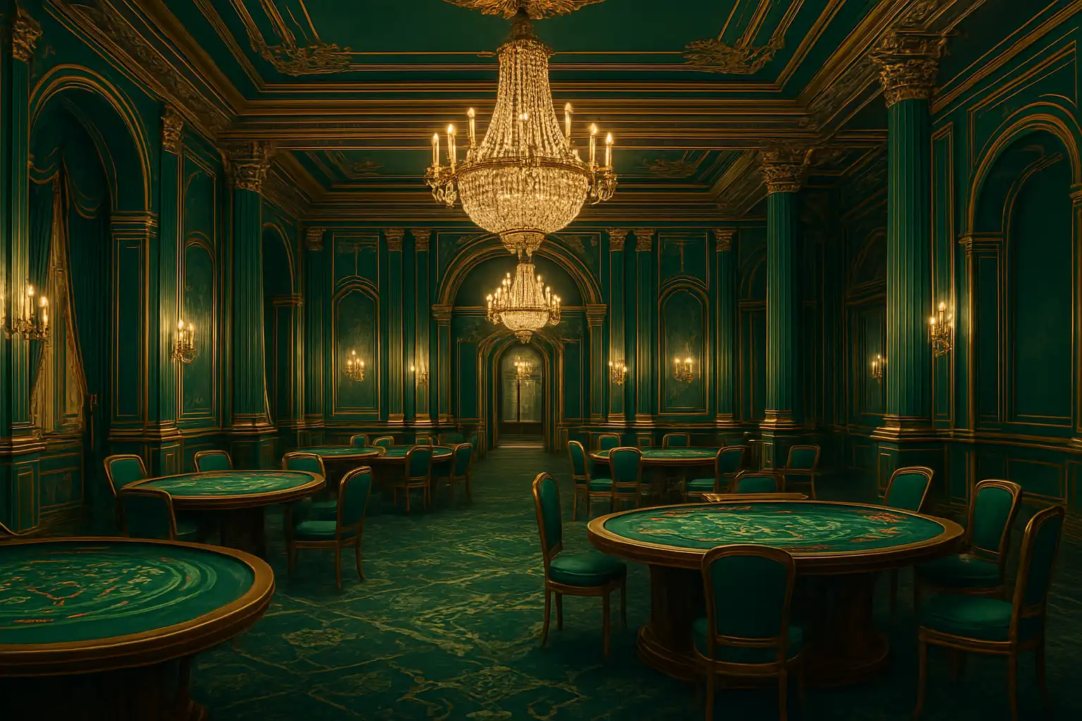 Eine Casino-Halle im Smaragd- und Champagner-Design, die für die Marke Dragon Pots steht