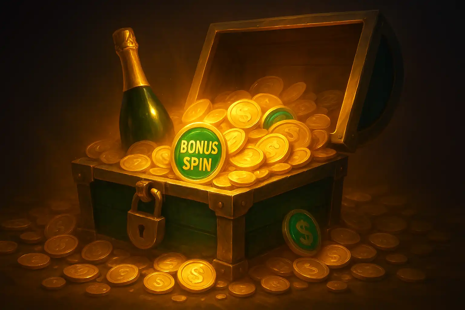 Un forziere del tesoro champagne e smeraldo traboccante di monete bonus e gettoni per giri gratis
